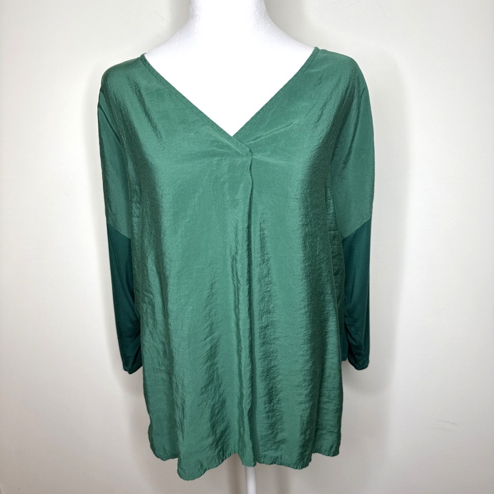 J Jill Top‎ Womens L Petite Kelly Green Mixed Media Dolman Sleeve Blouse Tencel